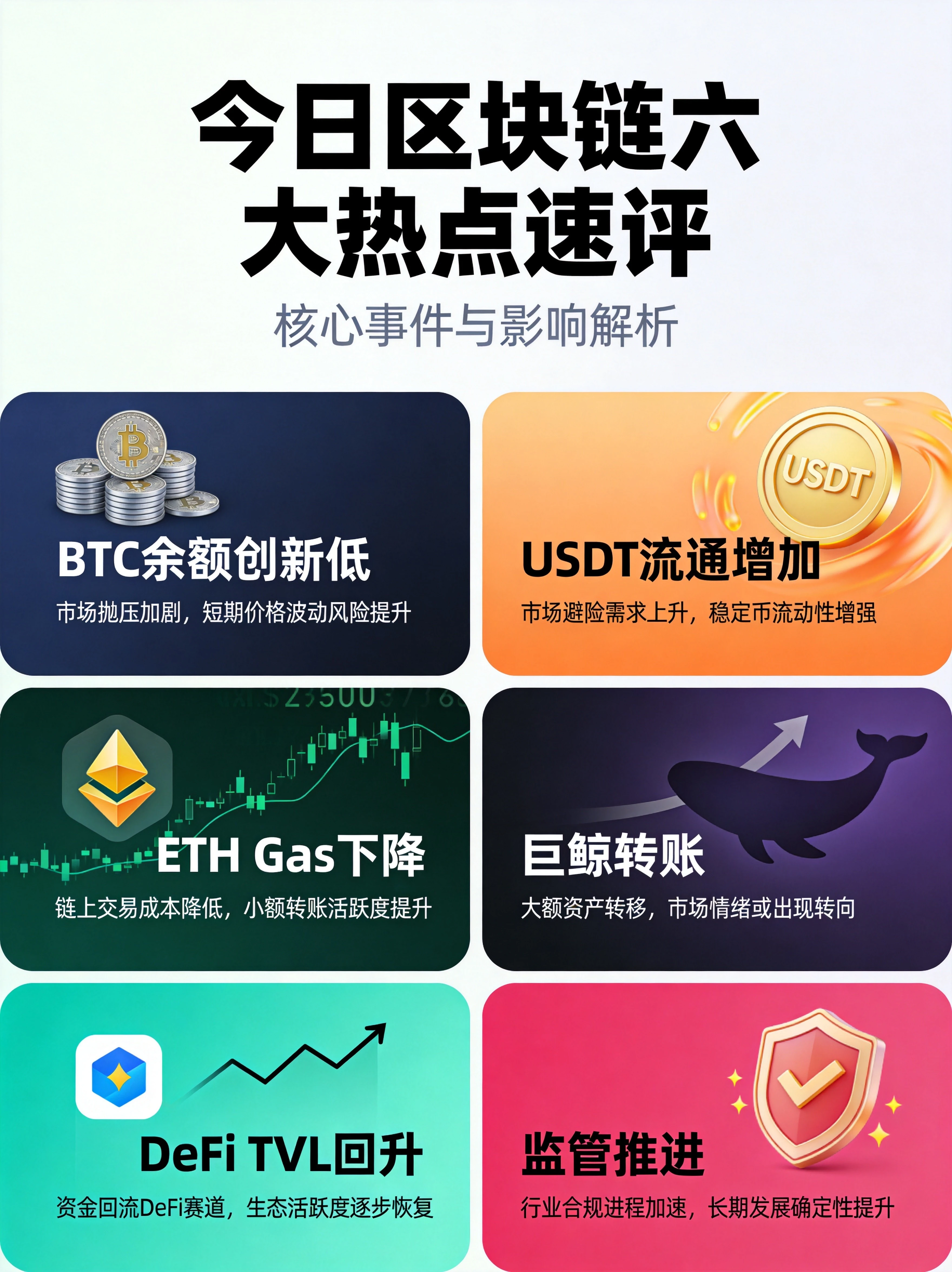 今日区块链六大热点速评信息图,BTC余额新低、ETH Gas下降、DeFi TVL回升、USDT流通增加、巨鲸转账、监管推进展示 今日区块链六大热点速评信息图,BTC余额新低、ETH Gas下降、DeFi TVL回升、USDT流通增加、巨鲸转账、监管推进展示
